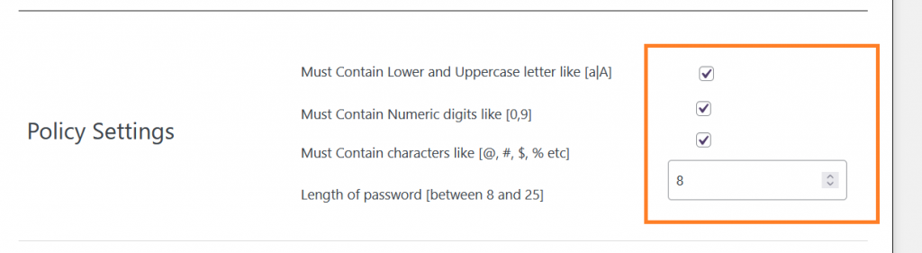 Password Policy setting page